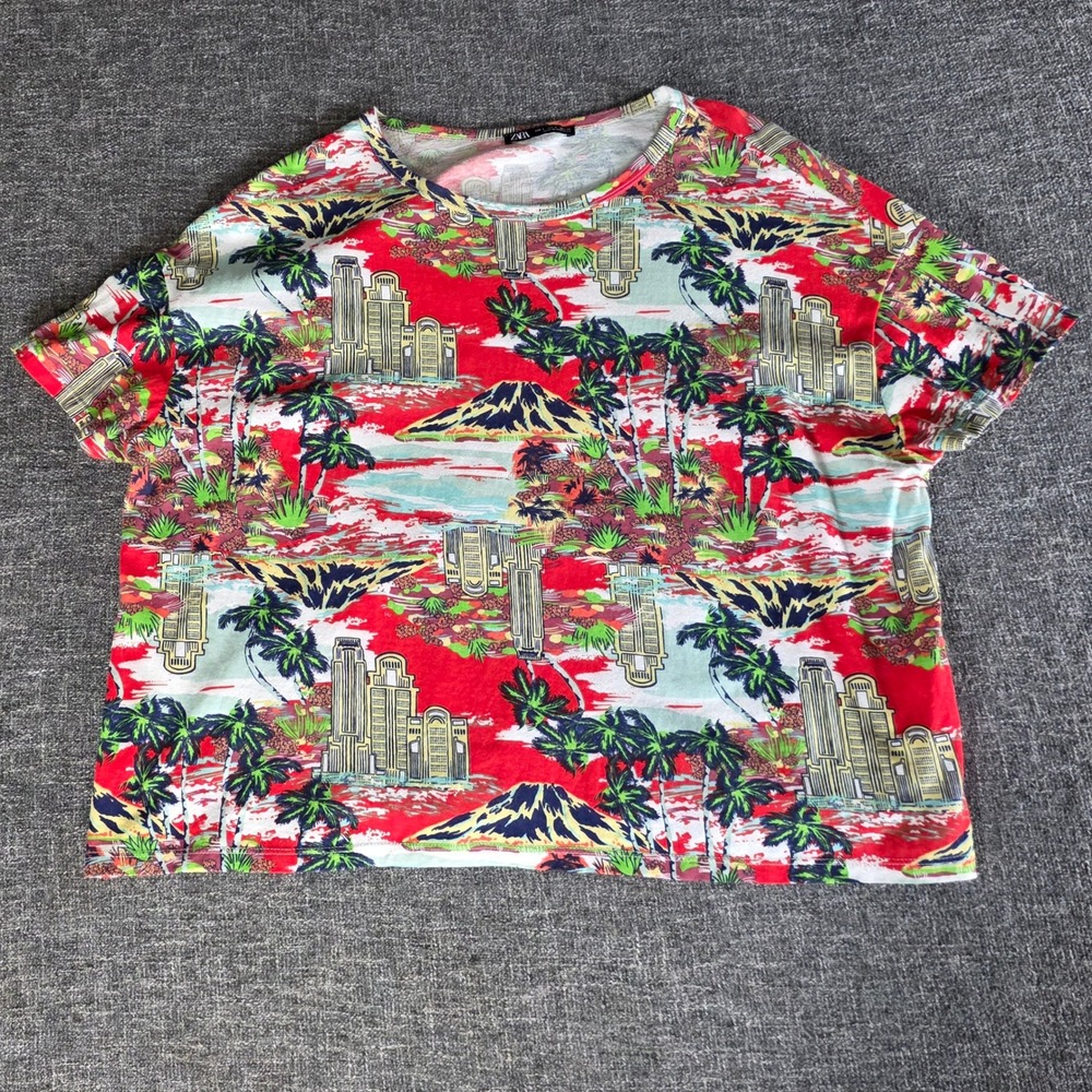 Zara Womens Large Tropical Hawaiian T Shirt City Volcano Palm Tree Red Cotton
